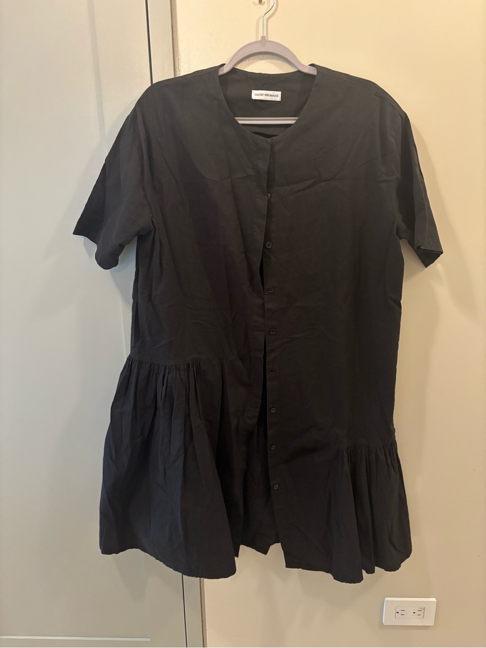 Black Button-Front Short Sleeve Tunic Dress